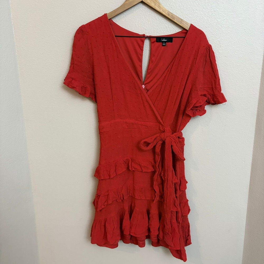Lulus Dress Large Red Swiss Dot Ruffle Faux Wrap Mini Short Sleeve V-Neck‎